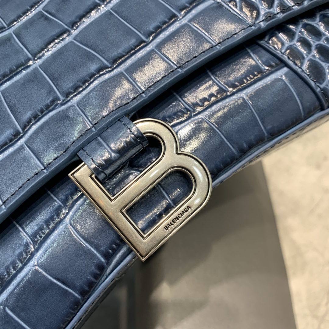 Balenciaga Hourglass Small Handbag Crocodile Embossed Shoulder Bag Gray Blue